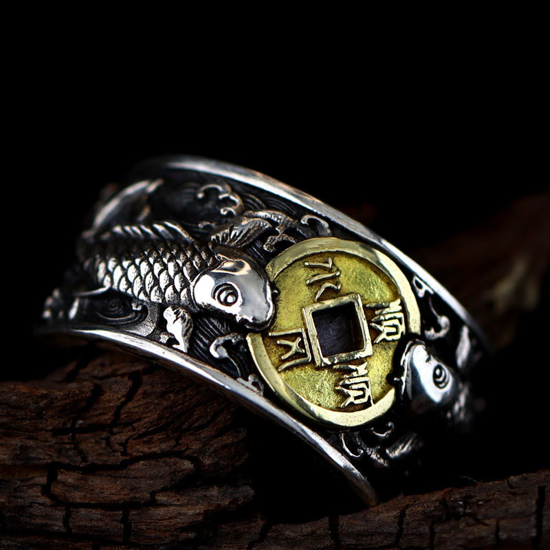 KarmaRipple's Adjustable Opening 925 Sterling Silver Fortunate Koi Fish Bronze Coin Auspicious Clouds Wealth Ring p3