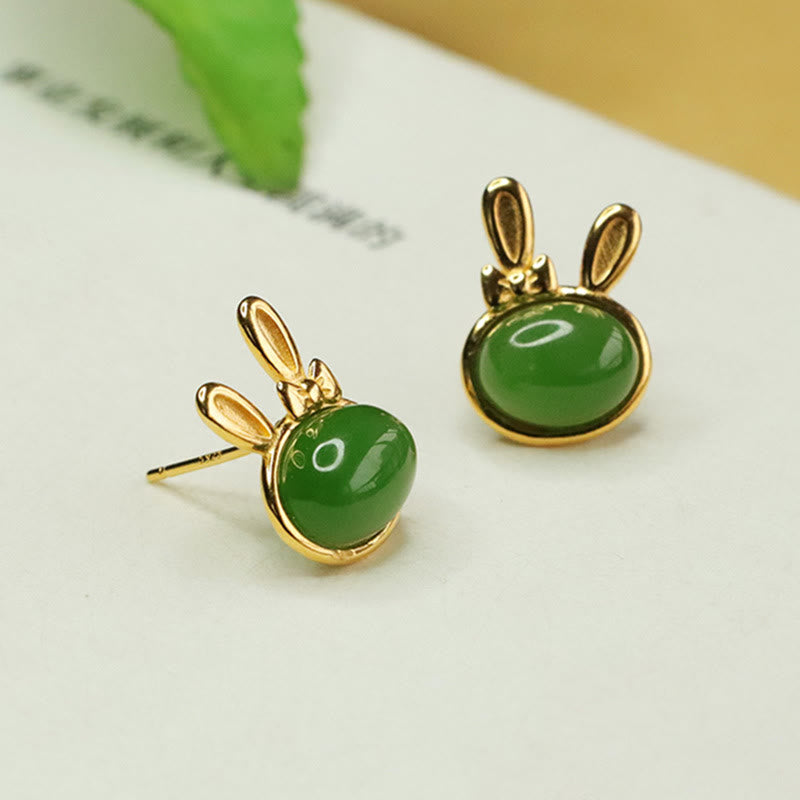 KarmaRipple's 925 Sterling Silver Hetian Cyan Jade Cute Rabbit Fortune Stud Earrings p2