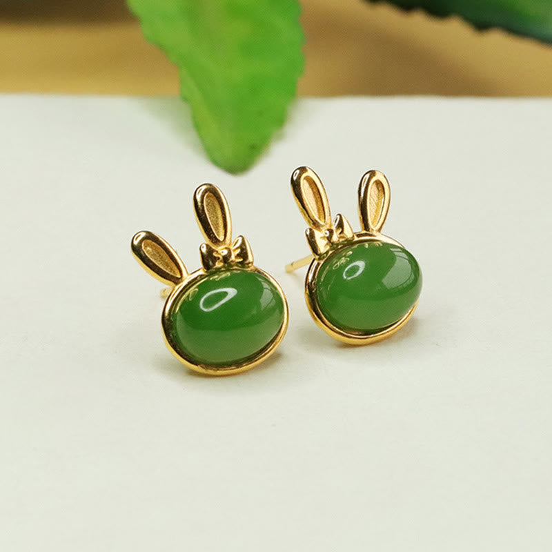 KarmaRipple's 925 Sterling Silver Hetian Cyan Jade Cute Rabbit Fortune Stud Earrings p5