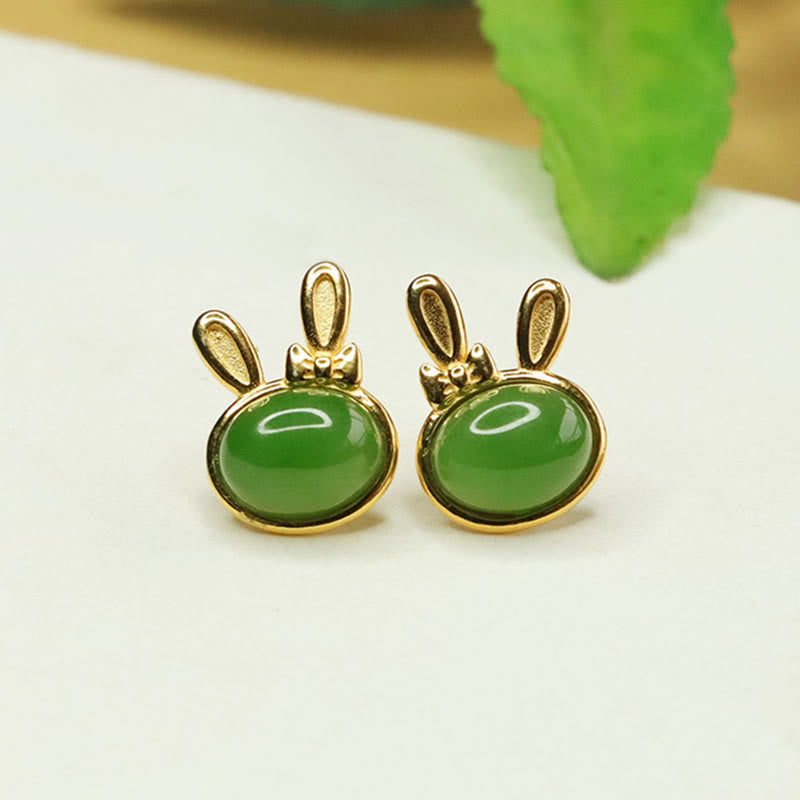 KarmaRipple's 925 Sterling Silver Hetian Cyan Jade Cute Rabbit Fortune Stud Earrings p9