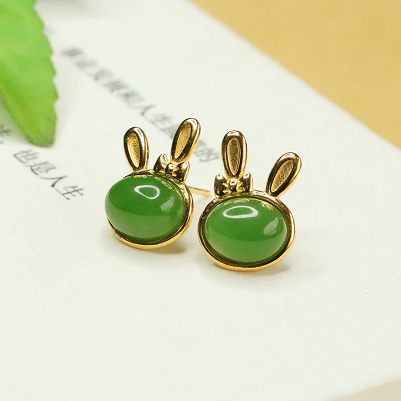 KarmaRipple's 925 Sterling Silver Hetian Cyan Jade Cute Rabbit Fortune Stud Earrings p4