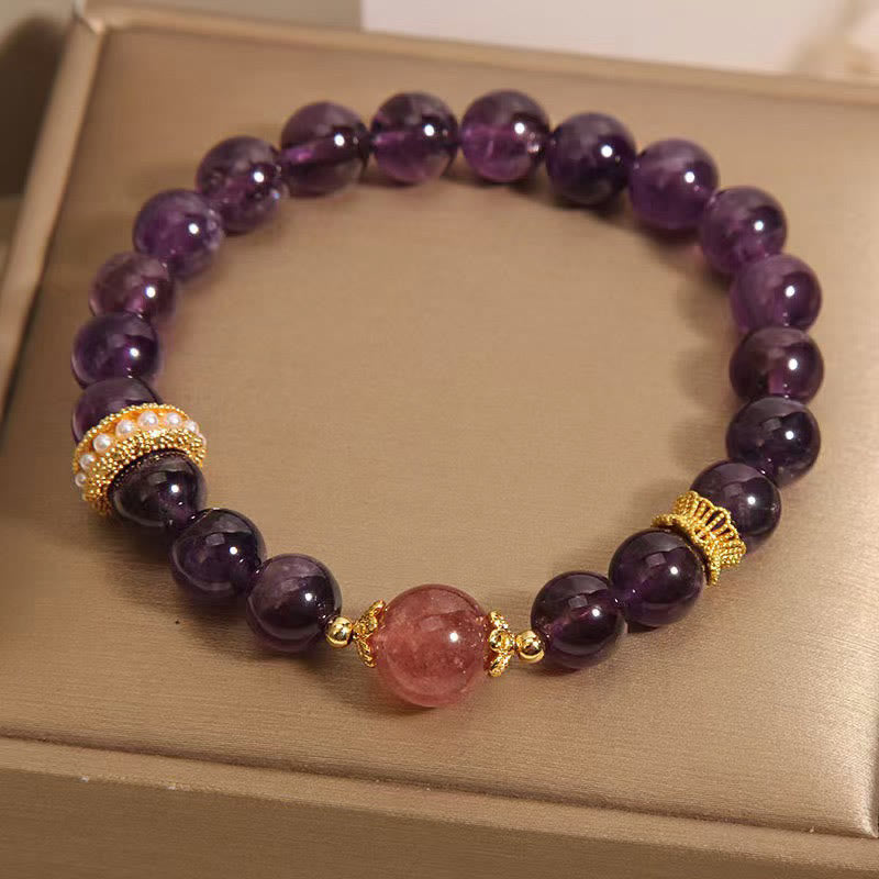 KarmaRipple's Authentic Amethyst Fortunate Strawberry Quartz Beadwork Peace Bracelet p1