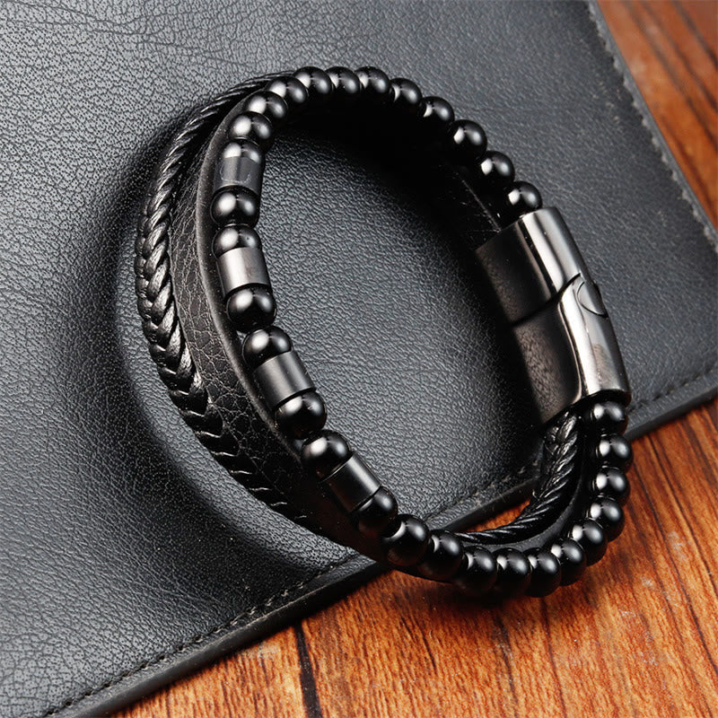 KarmaRipple's Frosted Stone Multi-layer Leather Titanium Steel Balance Buckle Bracelet p4