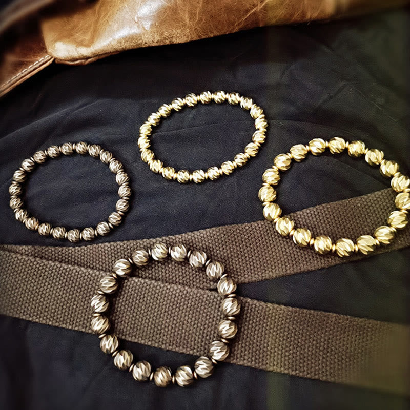 KarmaRipple's Vintage Distressed Knife Carving Pattern Bronze Brass Beadwork Wealth Bracelet p19