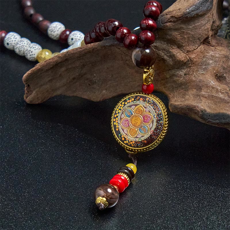 KarmaRipple's Tibetan Handmade Wood Beadwork Om Mani Padme Hum Samantabhadra Bodhisattva Purity Pendant Necklace p12