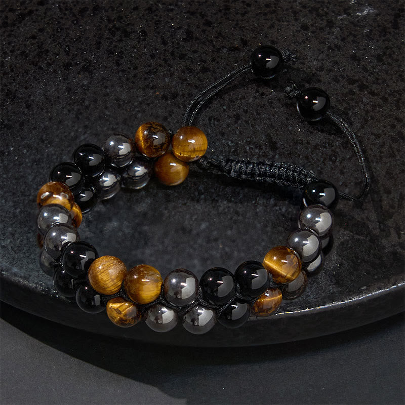 KarmaRipple's Authentic Tiger Eye Black Magnetite Black Onyx Double Row Beadwork Protection Bracelet p3