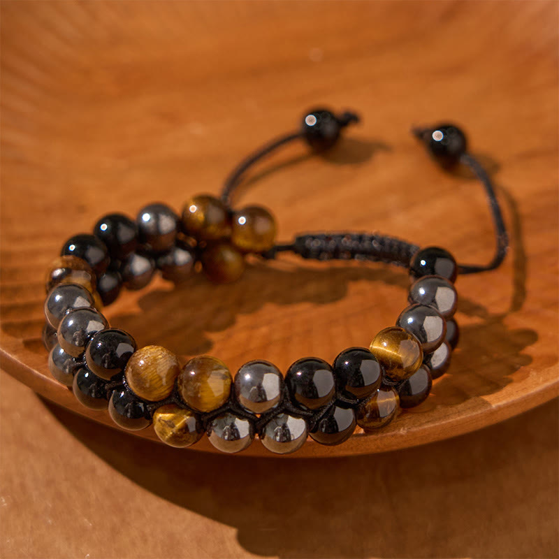 KarmaRipple's Authentic Tiger Eye Black Magnetite Black Onyx Double Row Beadwork Protection Bracelet p2