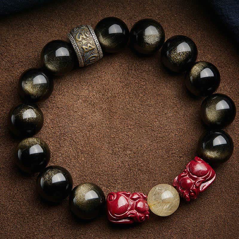 KarmaRipple's Gold Sheen Obsidian PiXiu Cinnabar Om Mani Padme Hum Protection Bracelet p10