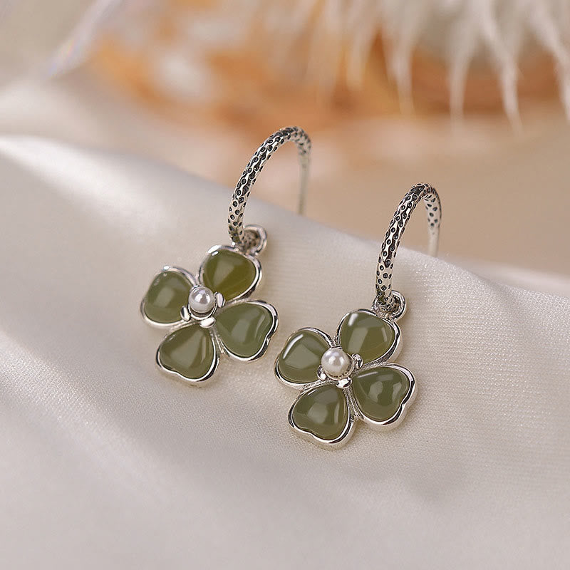 KarmaRipple's 925 Sterling Silver Authentic Cyan Jade Four Leaf Clover Fortune Success Earrings p2