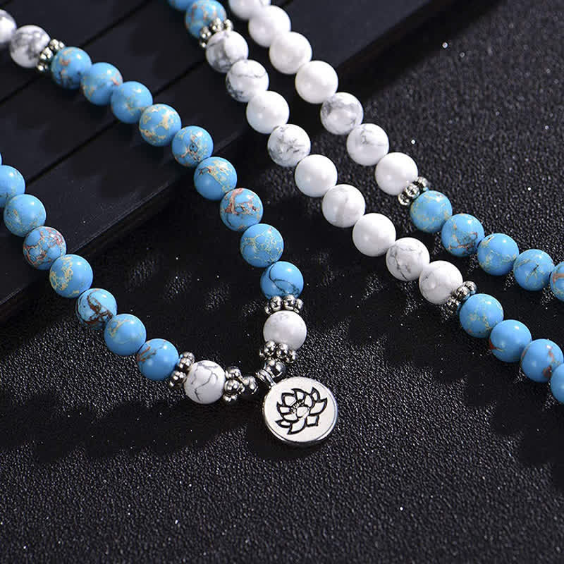 KarmaRipple's 108 Mala Beadwork Ivory Turquoise Emperor Stone Lotus Blessing Bracelet p5