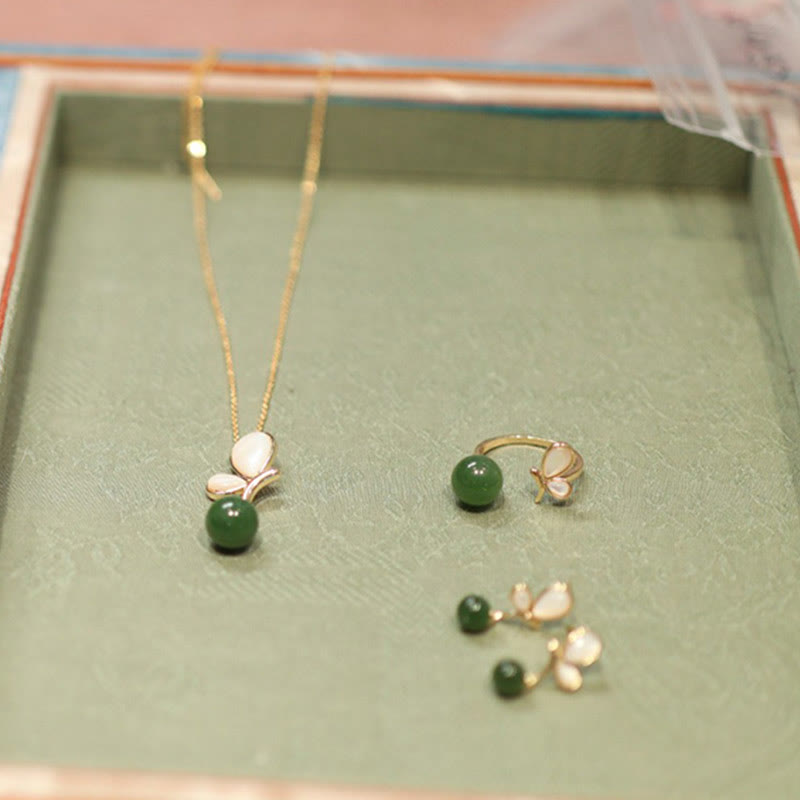 KarmaRipple's Authentic Butterfly Tridacna Stone Cyan Jade Bronze Plated Gold Calm Pendant Necklace Ring Earrings Set p1