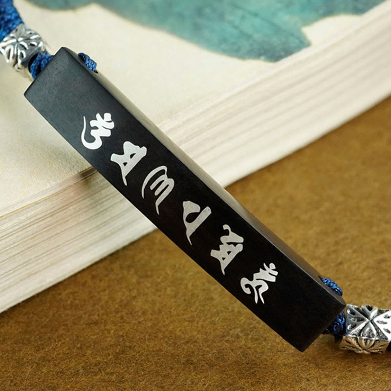 KarmaRipple's Buddhism Six True Words Wood Ebony Wood Silver Inlaid Protection Bracelet p4
