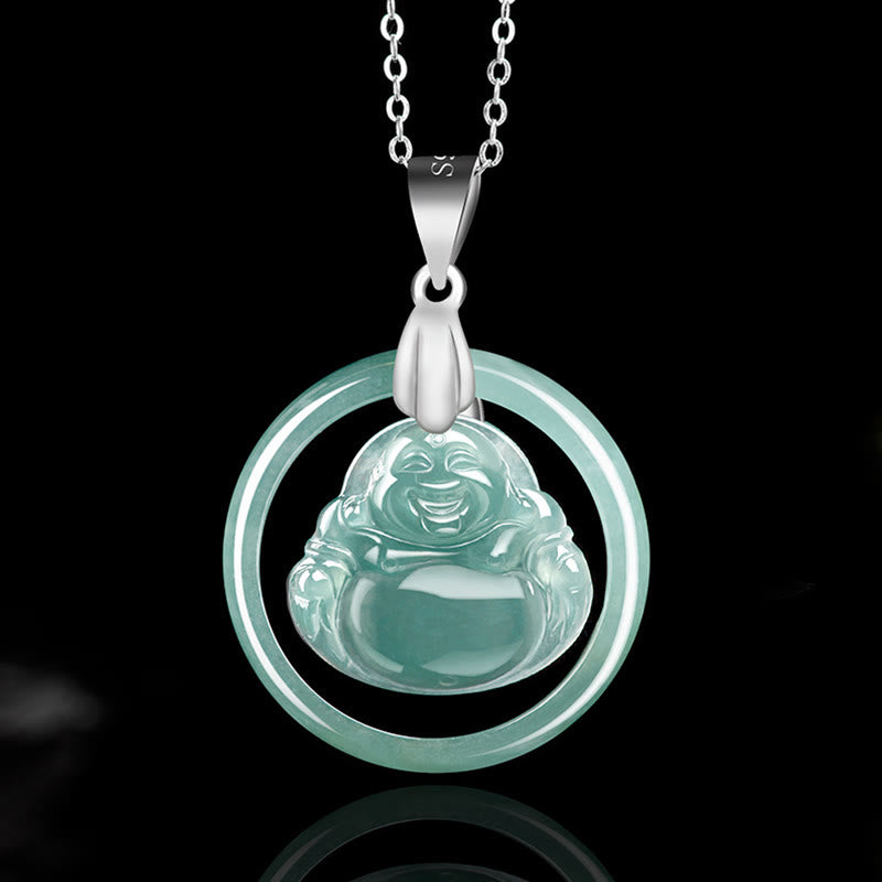 KarmaRipple's 925 Sterling Silver Authentic Jade Round Laughing Buddha Abundance Chain Pendant Necklace p1