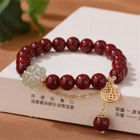 KarmaRipple's Cinnabar Fu Character Hetian Jade Fortunate Four Leaf Clover Blessing Bracelet