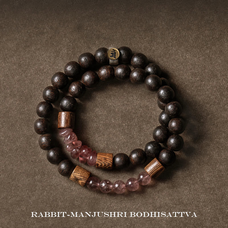 KarmaRipple's 925 Sterling Silver Chinese Zodiac Natal Buddha Agarwood Strawberry Quartz Peace Double Wrap Bracelet p35
