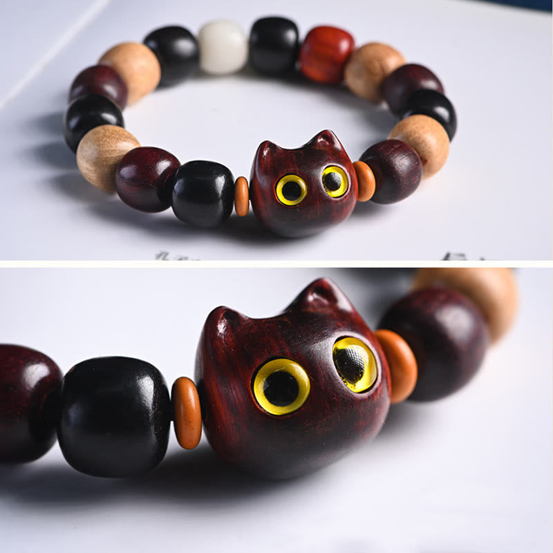 KarmaRipple's Small Leaf Red Sandalwood Ebony Wood Cute Cat Engraved Protection Bracelet p17
