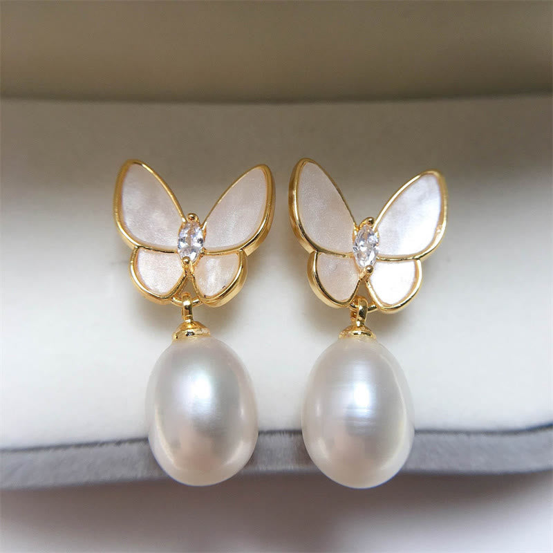 KarmaRipple's 925 Sterling Silver Posts 18K Gold Plated Bronze Pearl Butterfly Optimism Stud Earrings p2