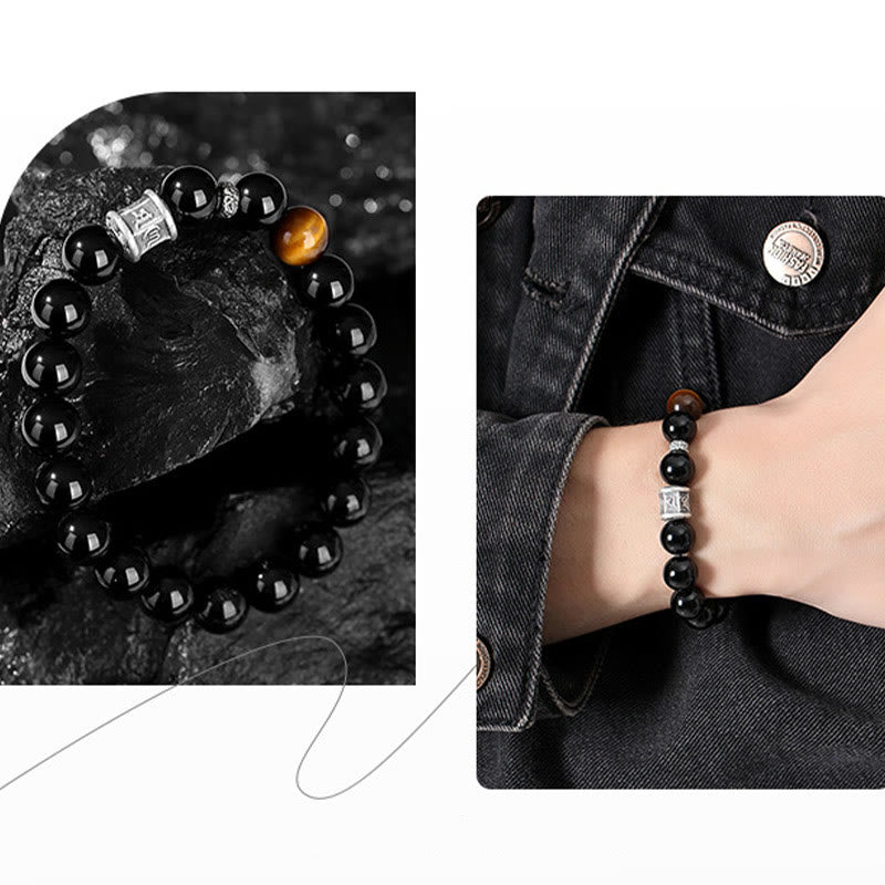 KarmaRipple's 999 Sterling Silver Black Obsidian Tiger Eye Om Mani Padme Hum Fulfillment Bracelet p10