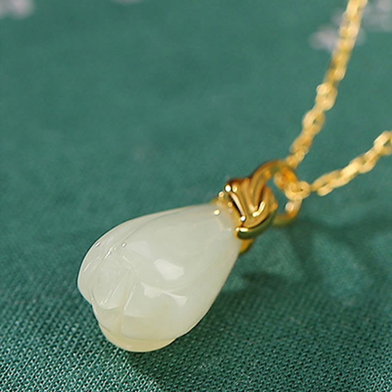 KarmaRipple's 925 Sterling Silver Plated Gold Authentic Hetian Jade Magnolia Flower Abundance Pendant Necklace p4