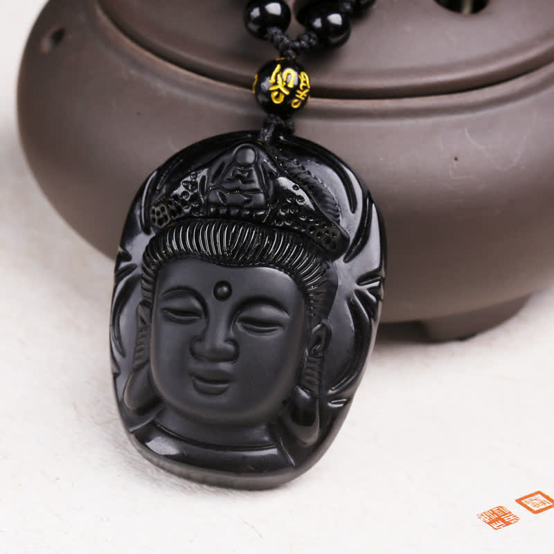 KarmaRipple's Authentic Black Obsidian Kwan Yin Avalokitesvara Strength String Pendant Necklace p9