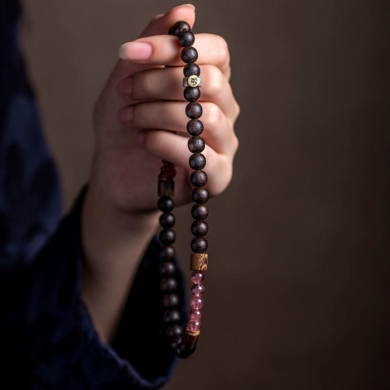 KarmaRipple's 925 Sterling Silver Chinese Zodiac Natal Buddha Agarwood Strawberry Quartz Peace Double Wrap Bracelet p11