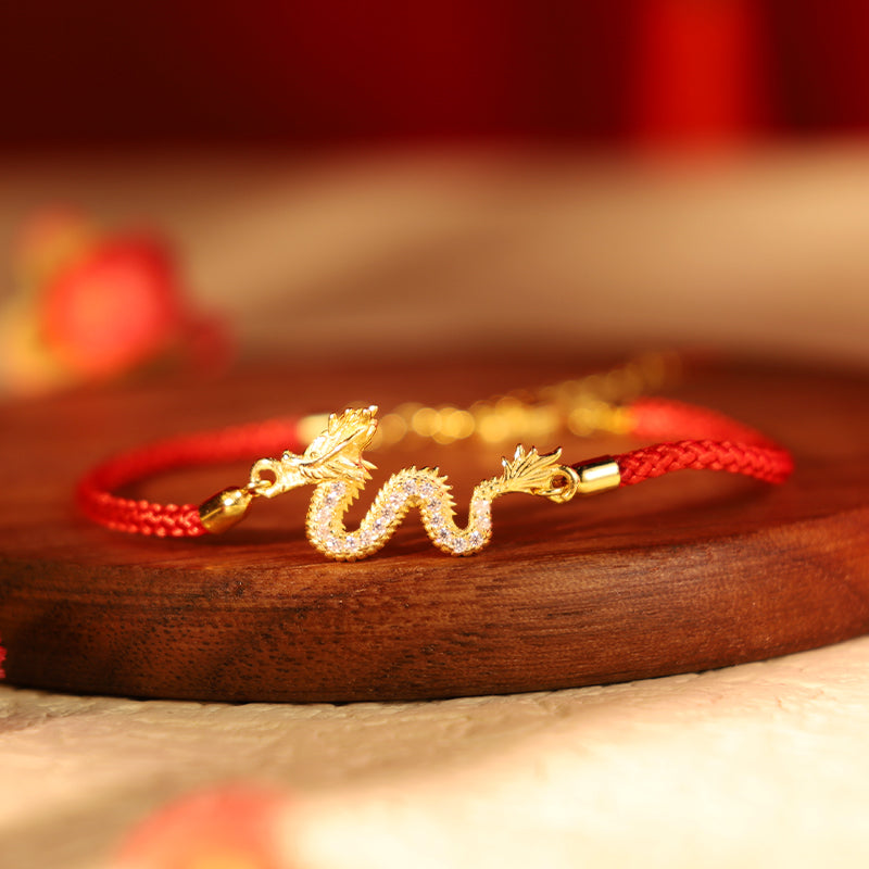 KarmaRipple's 925 Sterling Silver Year Of The Dragon Auspicious Golden Dragon Fortune Red Rope Chain Bracelet p1