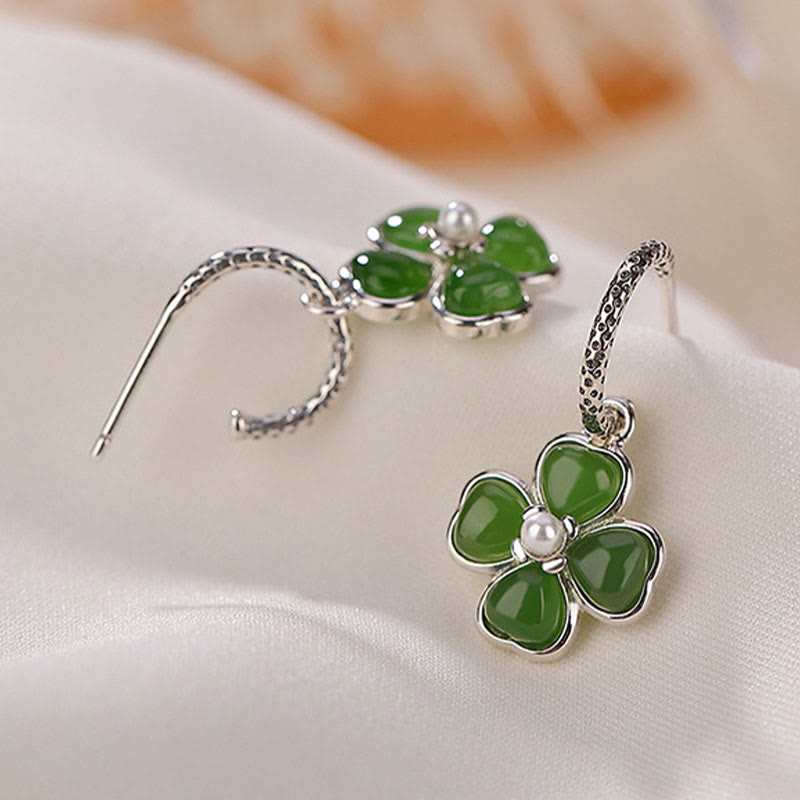 KarmaRipple's 925 Sterling Silver Authentic Cyan Jade Four Leaf Clover Fortune Success Earrings p5