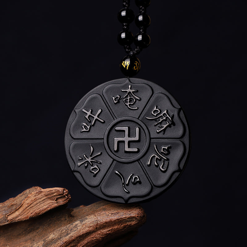 KarmaRipple's Authentic Black Obsidian Tibetan Om Mani Padme Hum Buddha Swastika Fortune Pendant Necklace p1