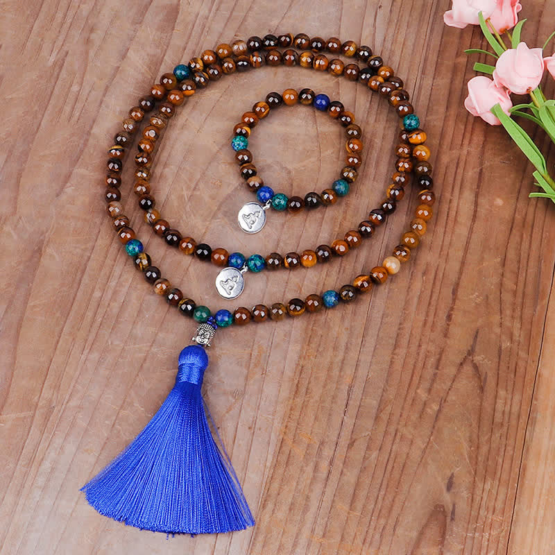 KarmaRipple's 108 Mala Beadwork Tiger Eye Buddha Strength Bracelet Tassel Pendant Necklace p6