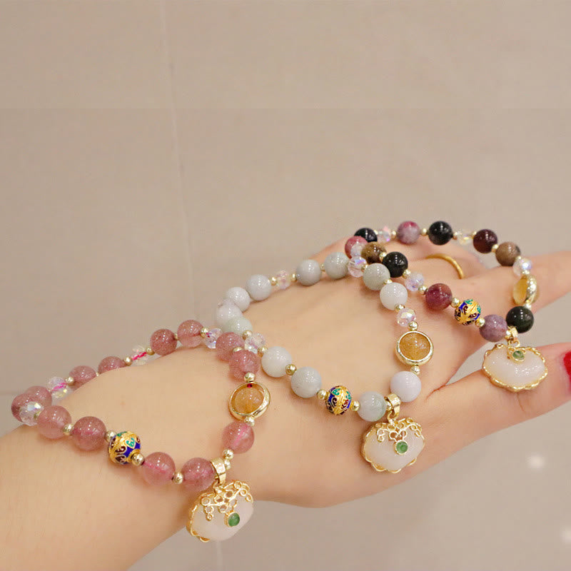 KarmaRipple's Strawberry Quartz Green Gemstone Amethyst Balancing Chinese Lock Talisman Bracelet p20