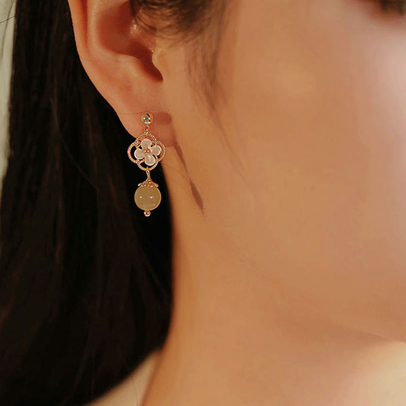 KarmaRipple's Tridacna Stone Flower Jade Bead Blessing Drop Earrings p10