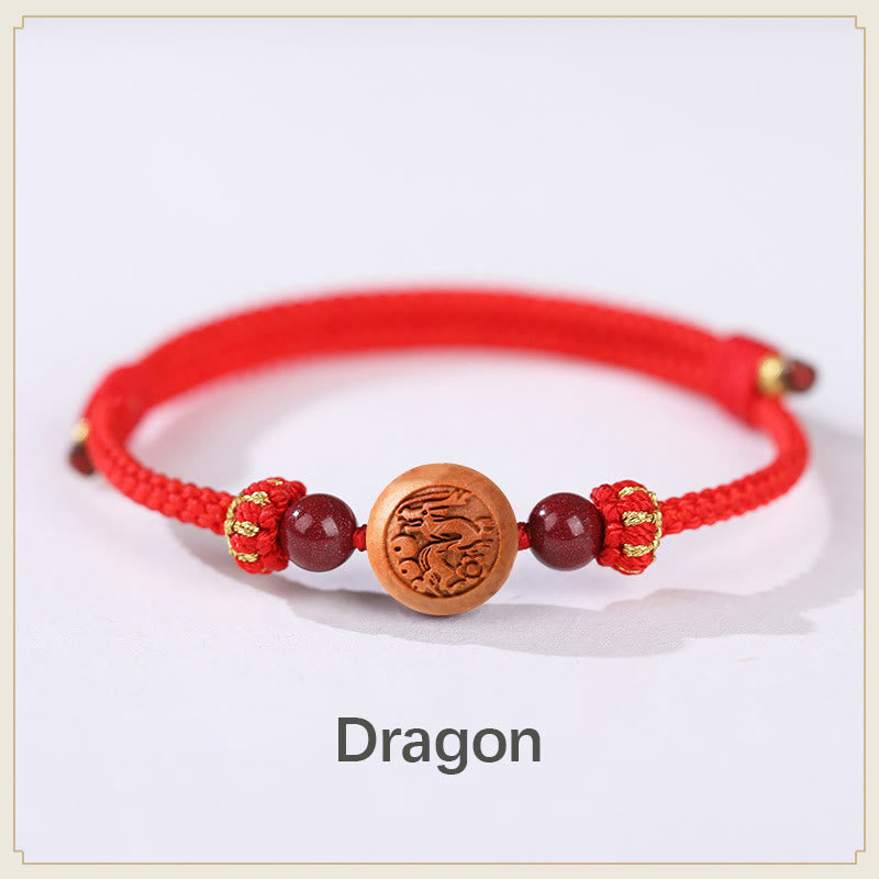KarmaRipple's Authentic Peach Wood Chinese Zodiac Fu Character Carved Cinnabar Wealth Bracelet p36