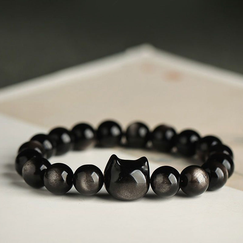 KarmaRipple's Gold Sheen Obsidian Silver Sheen Obsidian Lovely Paw Fortunate Cat Protection Bracelet p22