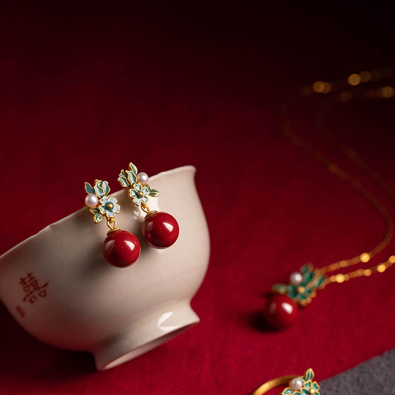 KarmaRipple's 925 Sterling Silver Plated Gold Cinnabar Pearl Flower Blessing Pendant Necklace Earrings Ring Set p5