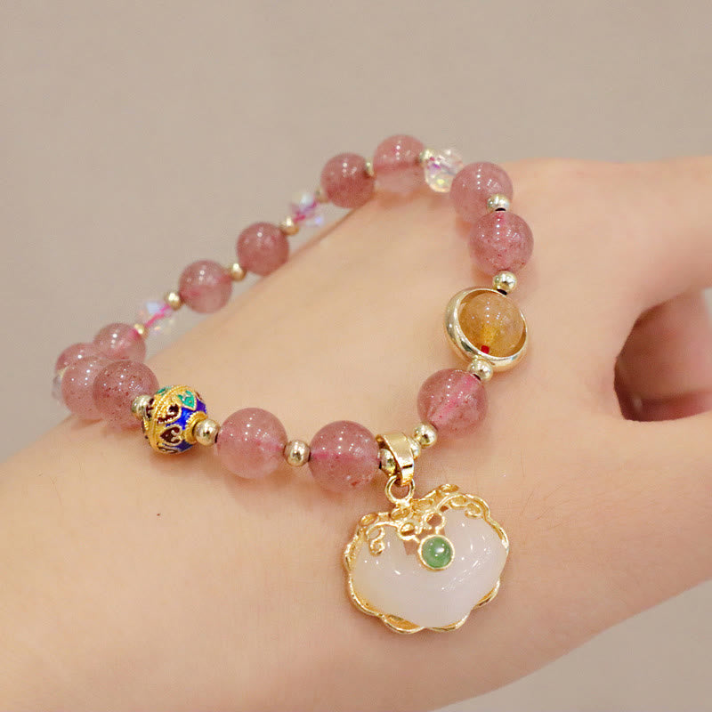 KarmaRipple's Strawberry Quartz Green Gemstone Amethyst Balancing Chinese Lock Talisman Bracelet p7