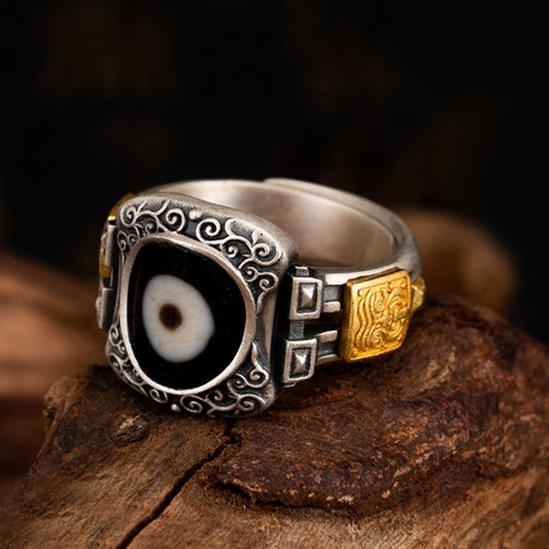 KarmaRipple's 925 Sterling Silver Zakiram Goddess of Wealth Design Dzi Bead Protection Ring p13