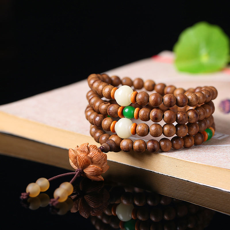 KarmaRipple's 108 Mala Beadwork Peach Wood Bodhi?Seed Lotus Prayer Meditation Bracelet p3
