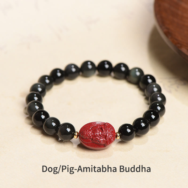 KarmaRipple's Chinese Zodiac Natal Buddha Authentic Black Obsidian Cinnabar Purification Bracelet p39