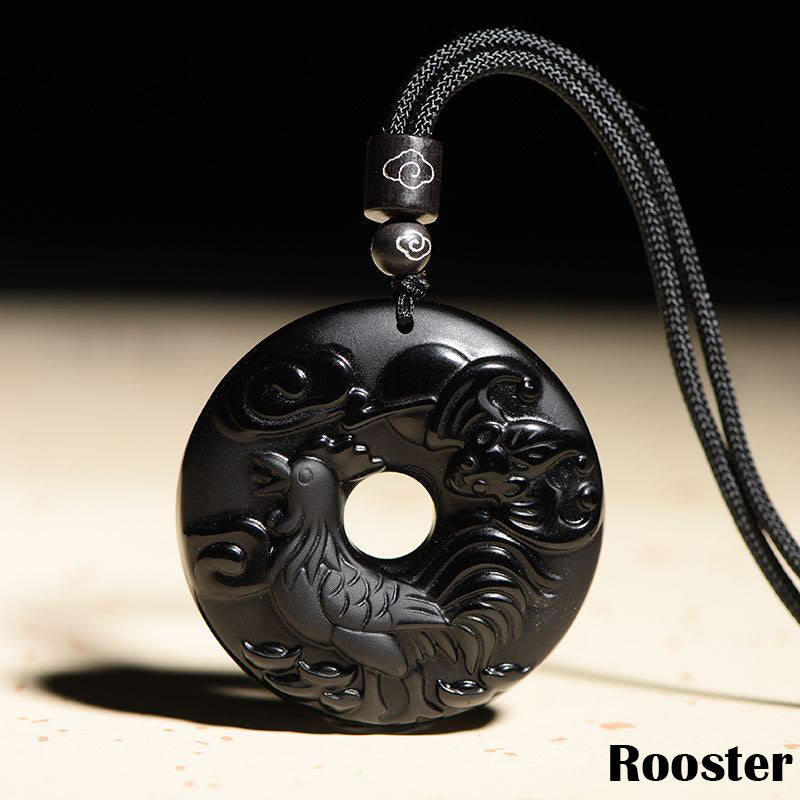 KarmaRipple's Chinese Zodiac Authentic Black Obsidian Peace Buckle Strength Pendant Necklace p38