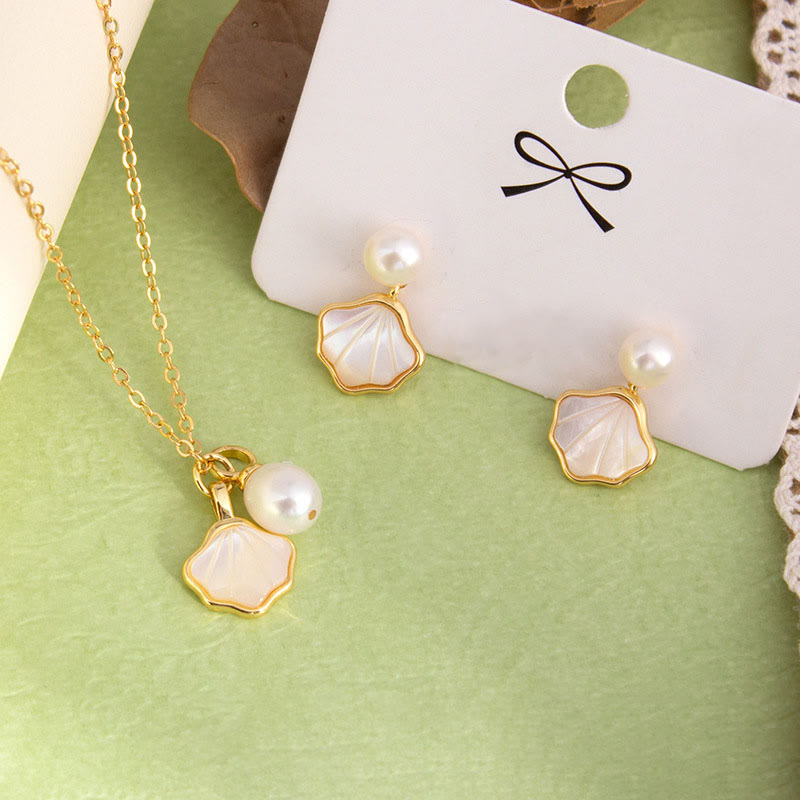 KarmaRipple's Ginkgo Tridacna Stone Pearl Bead Bronze Blessing Pendant Necklace Ring Earrings Set p5