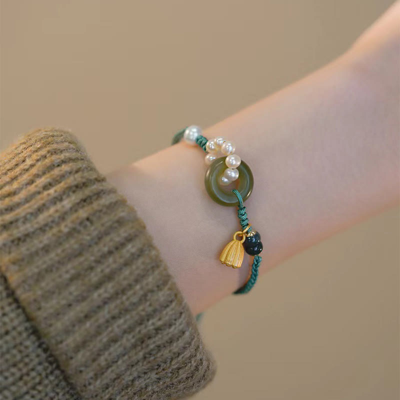 KarmaRipple's Authentic Hetian Jade Peace Buckle Pearl Fortune Handcrafted Woven Bracelet p6