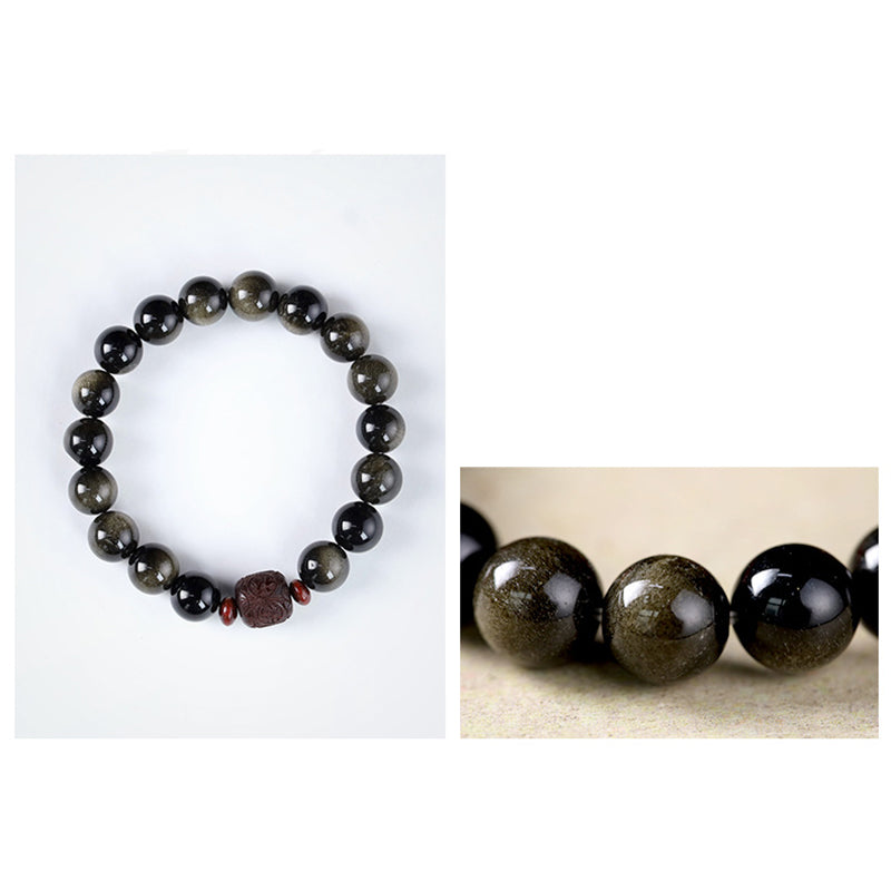 KarmaRipple's Authentic Gold Sheen Obsidian Rainbow Obsidian Om Mani Padme Hum Fu Character Balancing Bracelet p25