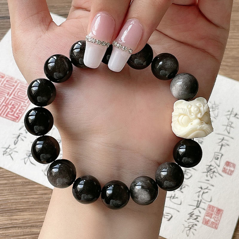 KarmaRipple's Silver Sheen Obsidian Bodhi Seed Ivory Fruit Dancing Lion Protection Bracelet p8