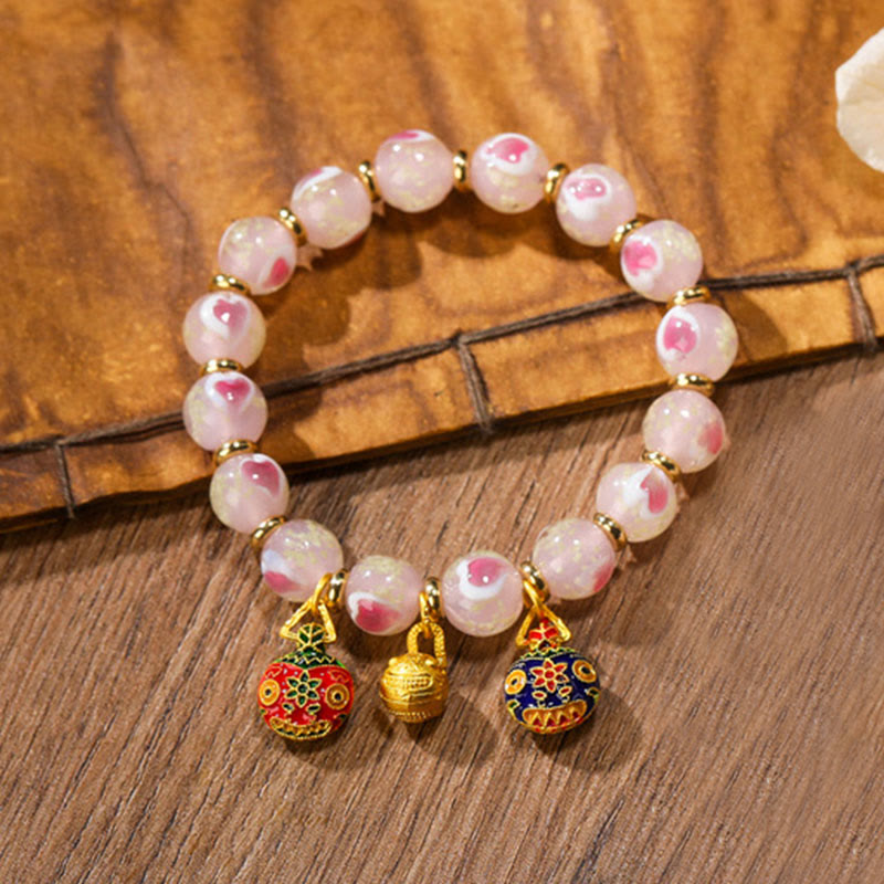 KarmaRipple's Gold Swallowing Beast Family Talisman Luminous Pink Love Heart Fluorescent Liuli Glass Bead Blessings Bracelet p11