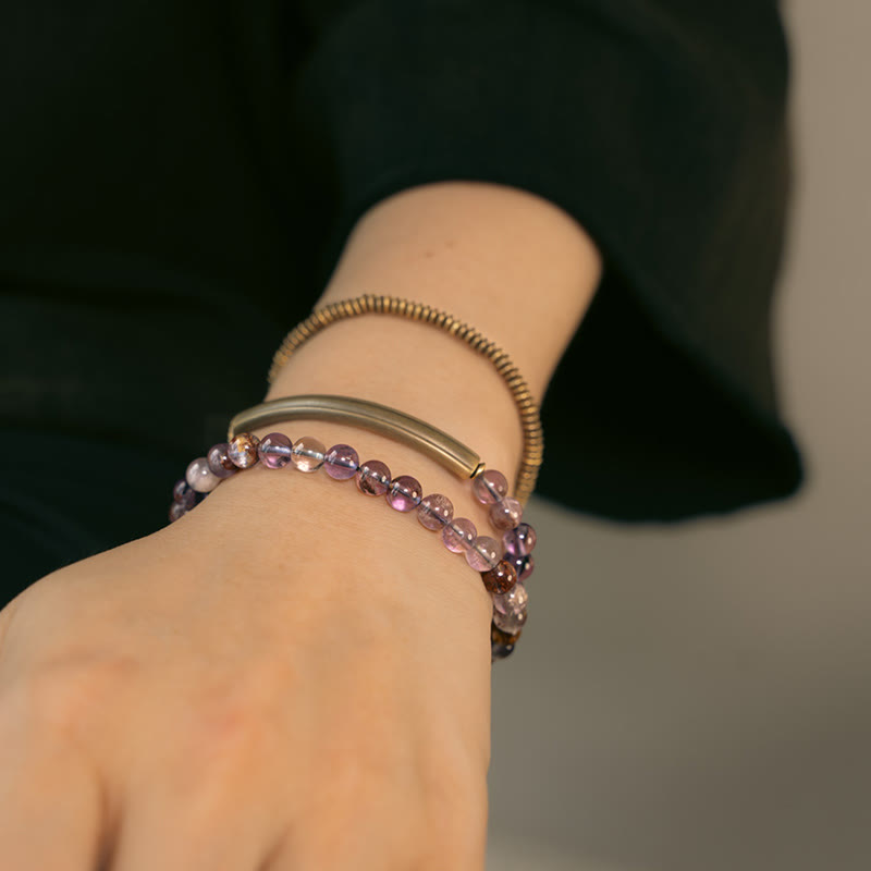 KarmaRipple's Purple Phantom Red Hematoid Quartz Green Rutilated Quartz Bronze Love Forgive Bracelet p6