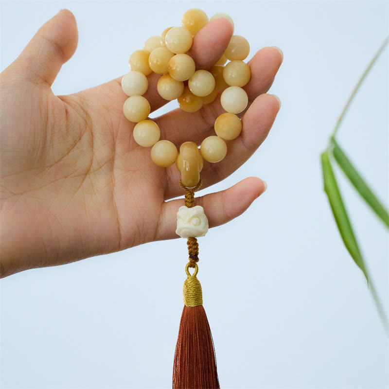 KarmaRipple's Authentic Bodhi Seed Ivory Fruit Dancing Lion Talisman Balance Tassel Wrist Mala p1