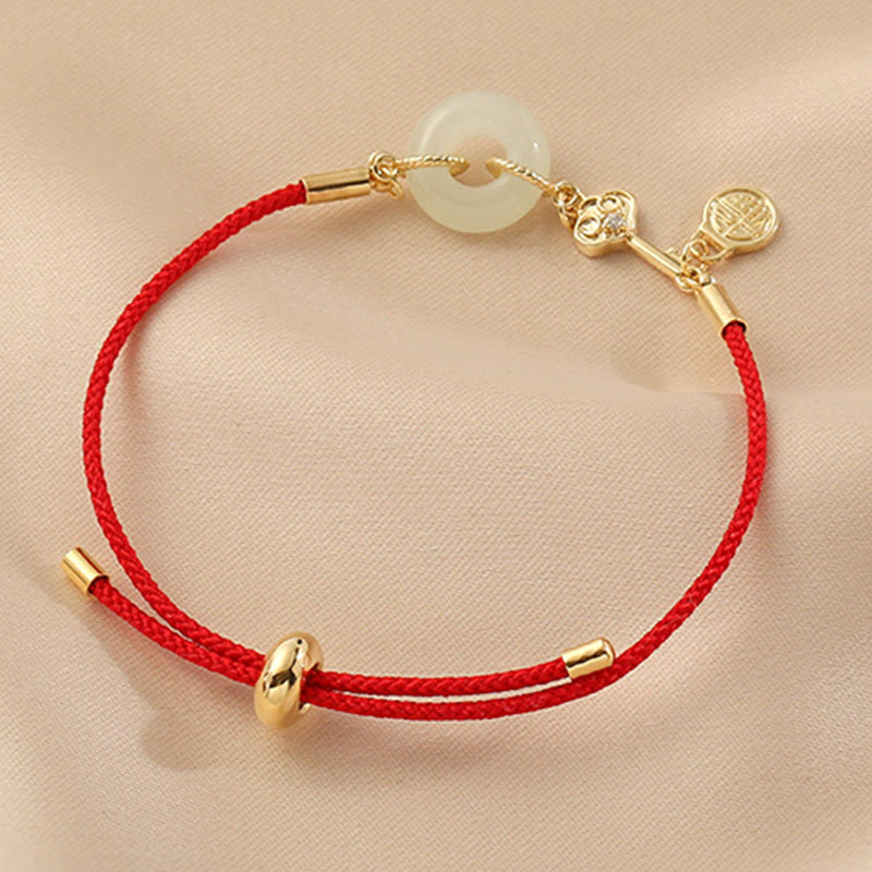 KarmaRipple's 18K Gold Plated Hetian Jade Peace Buckle Fu Character Fortune Red Rope Bracelet p8