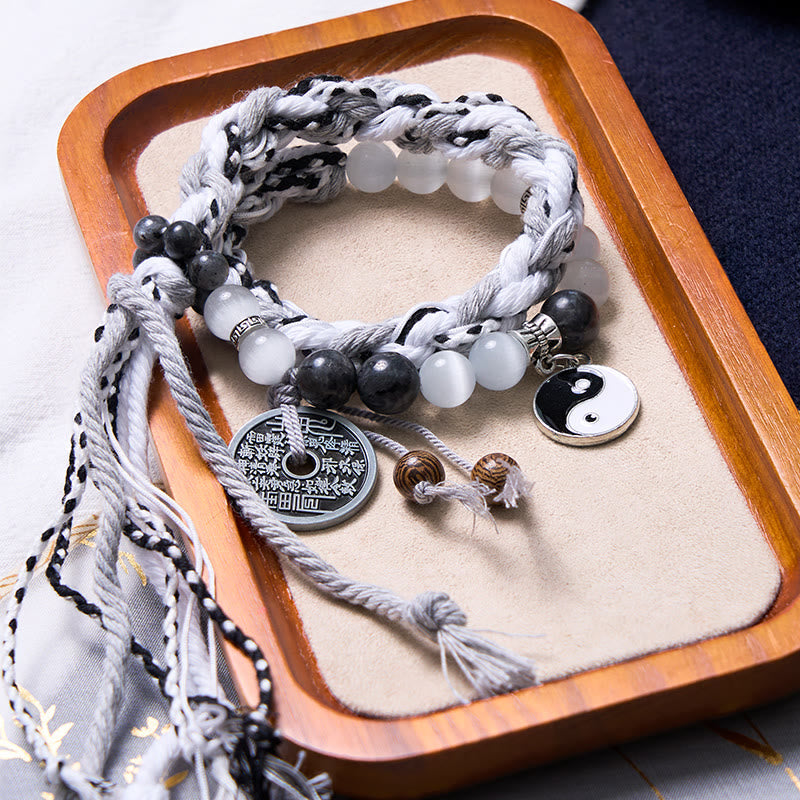 KarmaRipple's Black Glitter Stone Cat's Eye Yin Yang Mountain Ghosts Spend Money Power Double Layer Rope Bracelet p5