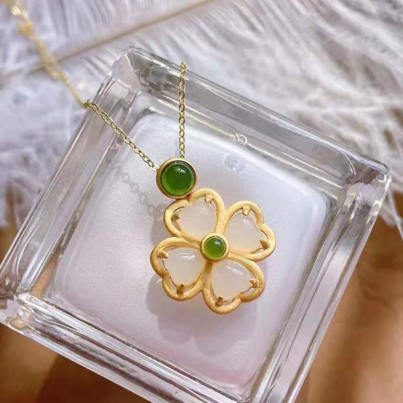 KarmaRipple's 925 Sterling Silver Fortunate Four Leaf Clover Jade Prosperity Pendant Chain Necklace p9