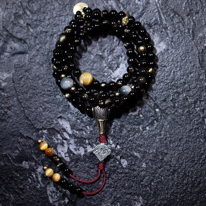 KarmaRipple's 108 Mala Beadwork Gold Sheen Obsidian Tiger Eye Eagle's Eye Stone Wealth Bracelet p31
